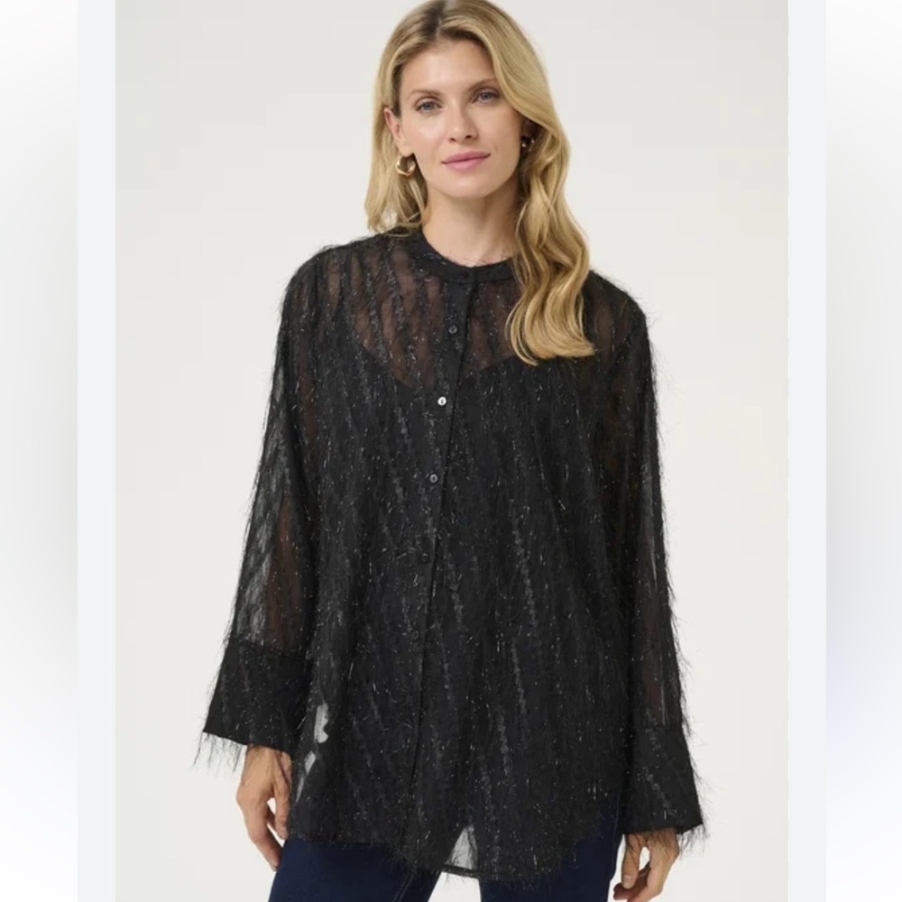 Mandarin collar fringe tinsel black blouse semi sheer button closure size med